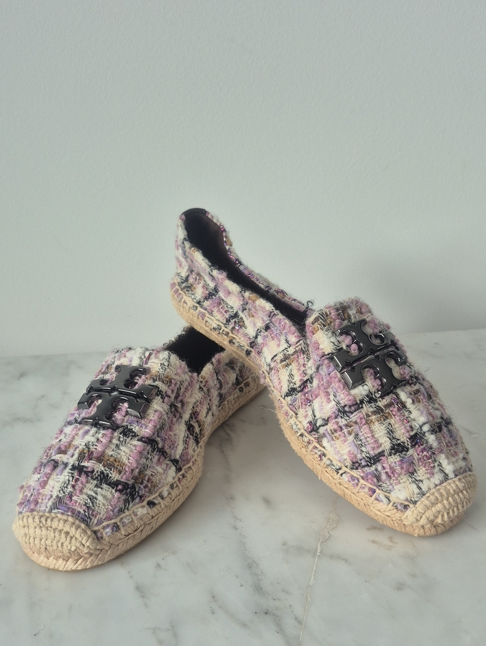 Tory Burch Pink and Cream Tweed Espadrille Loafers with Black Logo